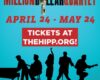 Poster for Million Dollar Quartet musical featuring a vintage microphone, bold red title, blue background, and silhouetted band with dates April 24–May 24; tickets at thehipp.org.