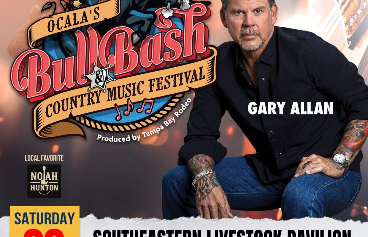 Concert poster for Gary Allan at the Southeastern Livestock Pavilion: large red 'LIVE' headline, 'Ocala's Bull Bash & Country Music Festival' logo, and event details.