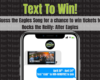 Promo banner for Wind-FM 'Text To Win!' contest: 'Guess the Eagles Song for a chance to win tickets to' an Eagles tribute event, shown above a phone screen with the Wind-FM app logo and a blue SMS invitation text.