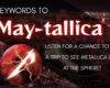 Promotional poster advertising a Metallica trip giveaway with the title 'Maytallica' and a lightning ball logo on a nighttime cityscape backdrop.