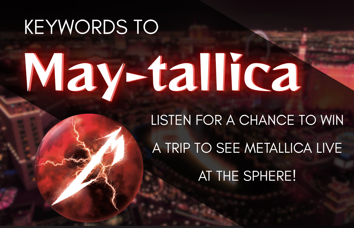 Promotional poster advertising a Metallica trip giveaway with the title 'Maytallica' and a lightning ball logo on a nighttime cityscape backdrop.