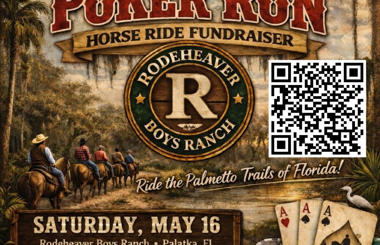 Poster for a Poker Run fundraiser at Rodeheaver Boys Ranch, showing horseback riders along a trail, a large circular logo, and a prominent QR code on the right side.
