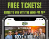 Promo banner promising 'FREE TICKETS!' and 'ENTER TO WIN WITH THE WIND-FM APP' above a smartphone screen showing the Wind-FM app and the Alter Eagles band image.