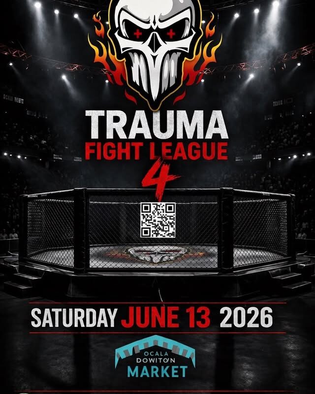 Promotional poster for Trauma Fight League 4, with a flaming skull logo, 'LIVE MIXED MARTIAL ARTS' text, bold 'TRAUMA FIGHT LEAGUE 4' and a QR code beneath a fight cage.