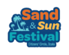 Logo for the Sand & Sun Festival in Ocala, featuring palm trees and bold orange/teal text on a dark blue background