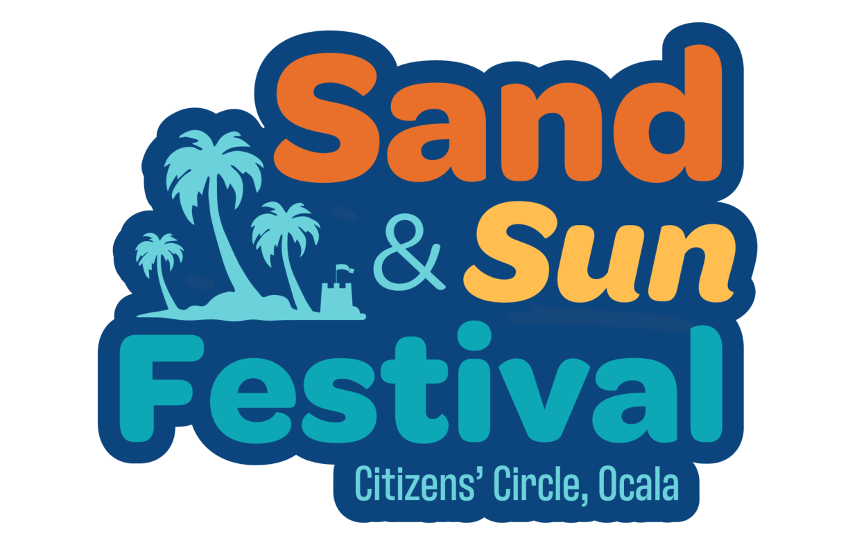 Logo for the Sand & Sun Festival in Ocala, featuring palm trees and bold orange/teal text on a dark blue background