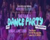Bright purple-blue party flyer advertising 'The Family Dance Party'—K‑Pop and more, Sun Jun 7, 2026, 6 PM, at The Woods, 149 SW Woolsey Glen, Lake City, FL 32024.
