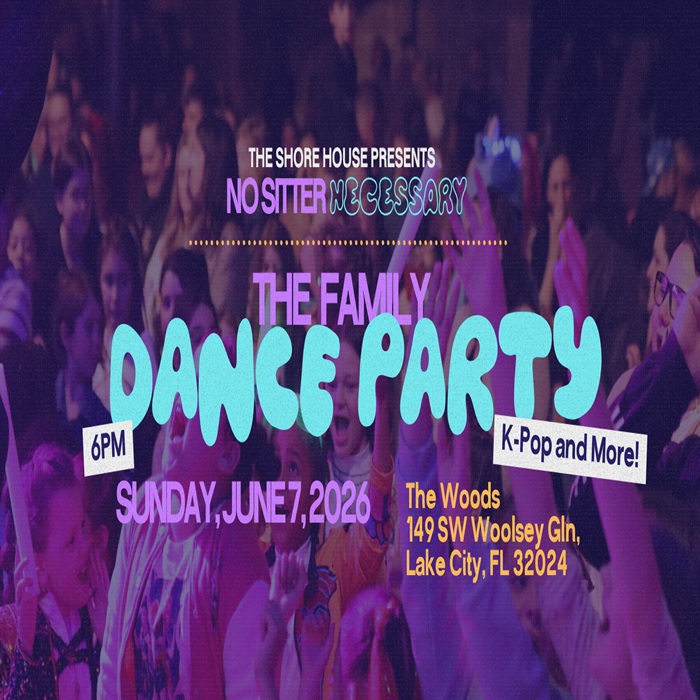 Bright purple-blue party flyer advertising 'The Family Dance Party'—K‑Pop and more, Sun Jun 7, 2026, 6 PM, at The Woods, 149 SW Woolsey Glen, Lake City, FL 32024.