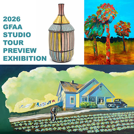 Poster for the 2026 GFAA Studio Tour Preview Exhibition featuring a striped ceramic vase, a palm-tree painting, and a blue house landscape mural.