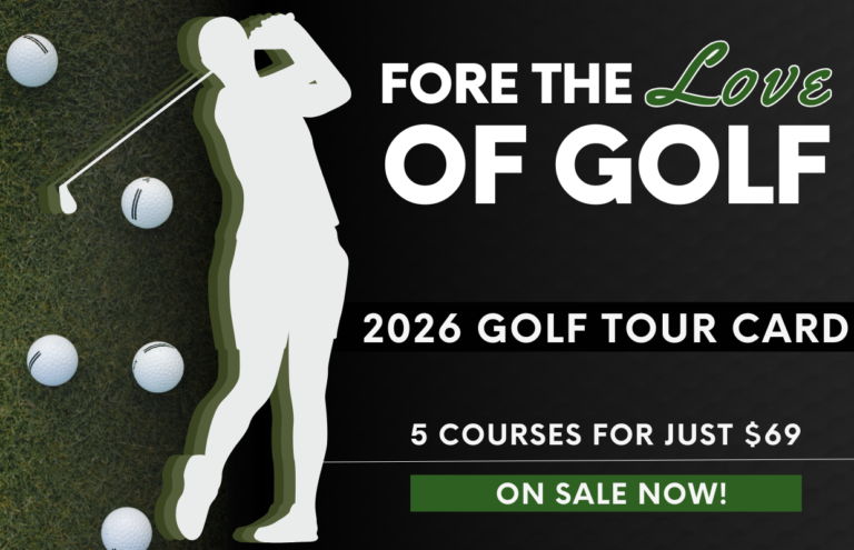 Silhouette of a golfer mid-swing on a dark banner, with golf balls on the left and bold text 'FORE THE Love OF GOLF' on the right.
