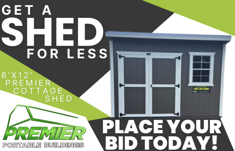 Promotional banner advertising a Premier Cottage Shed with bold 'GET A SHED FOR LESS' text and 'Place your bid today!' CTA from Premier Portable Buildings.