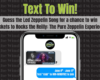 Promo banner announcing 'Text To Win!' contest to guess a Led Zeppelin song for prize tickets; shows a Wind-FM app on a smartphone.
