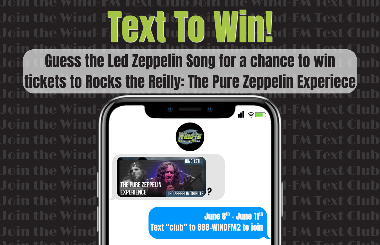 Promo banner announcing 'Text To Win!' contest to guess a Led Zeppelin song for prize tickets; shows a Wind-FM app on a smartphone.