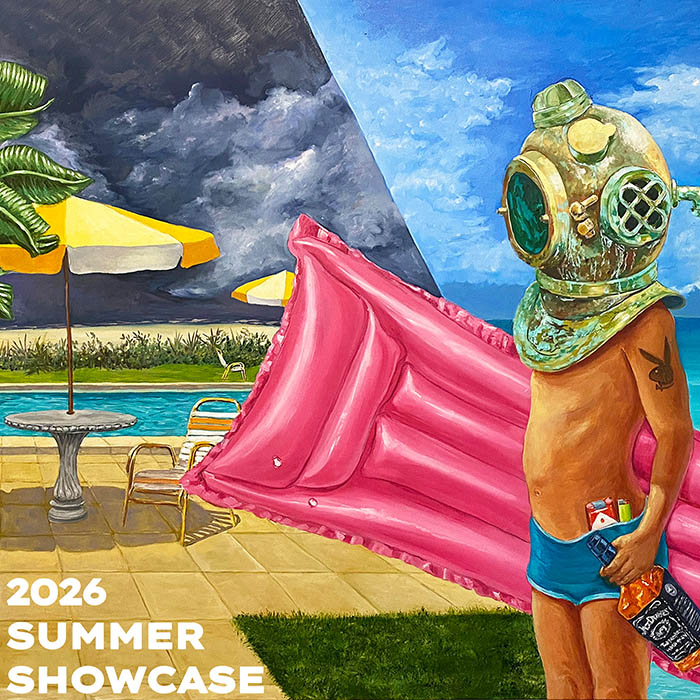 Surreal poolside painting: a person in a vintage diving helmet stands by a pink inflatable raft under yellow umbrellas, with '2026 SUMMER SHOWCASE' text in the corner.