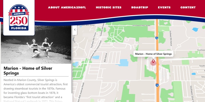 Screenshot of a Florida 250 page showing Marion – Home of Silver Springs with a vintage photo on the left and a map with a marker on the right,