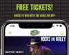 Promotional banner offering free tickets, with bright green 'FREE TICKETS!' text above a smartphone displaying the Wind-FM app.
