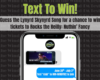Wind-FM promo banner: 'Text To Win!' inviting listeners to guess a Lynyrd Skynyrd song for a chance to win tickets; phone screen shows the Wind-FM app logo and design.