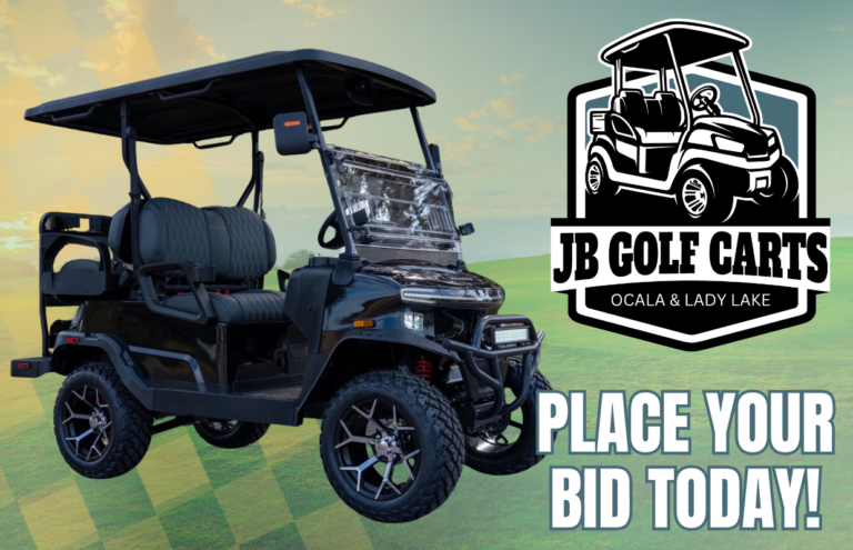 Promotional banner for JB Golf Carts featuring a black golf cart on a grassy course and the text 'Place Your Bid Today!'