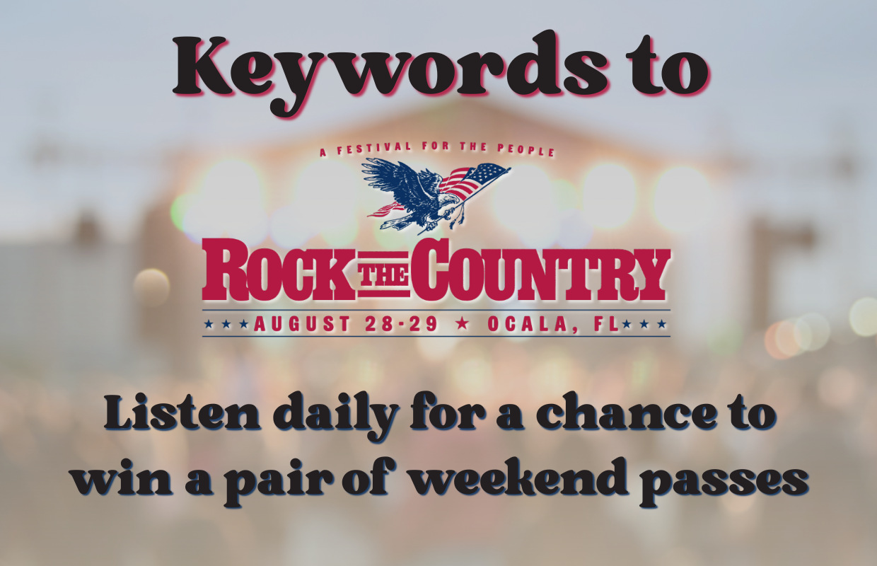Promotional banner for the Rock the Country festival, with bold 'Keywords to' heading and the message: 'Listen daily for a chance to win a pair of weekend passes.'