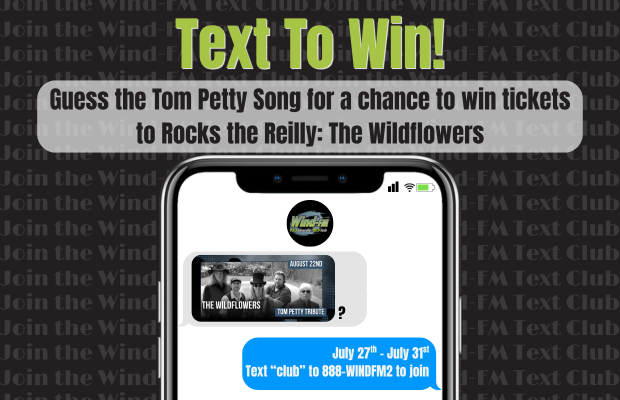 Promotional graphic for Wind-FM Text Club: large 'Text To Win' headline, banner inviting fans to guess a Tom Petty song for tickets, shown on a smartphone screen with Wind-FM logo