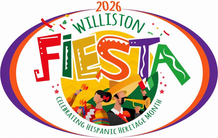 Logo for the 2026 Williston Fiesta celebrating Hispanic Heritage Month, with colorful 'FIESTA' letters and dancing figures inside an oval border.